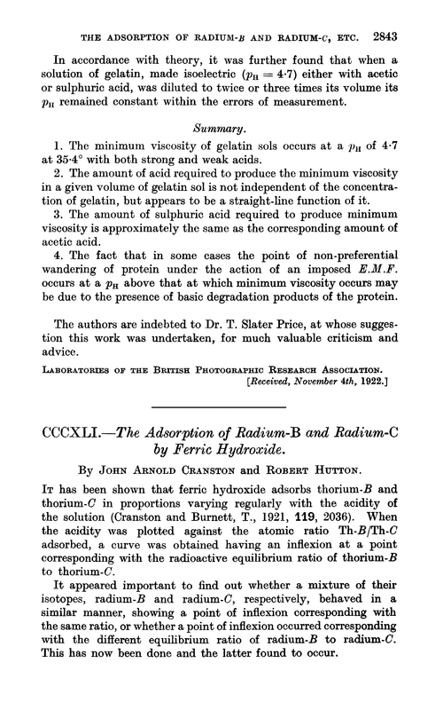 CCCXLI.—The adsorption of radium-B and radium-C by ferric hydroxide