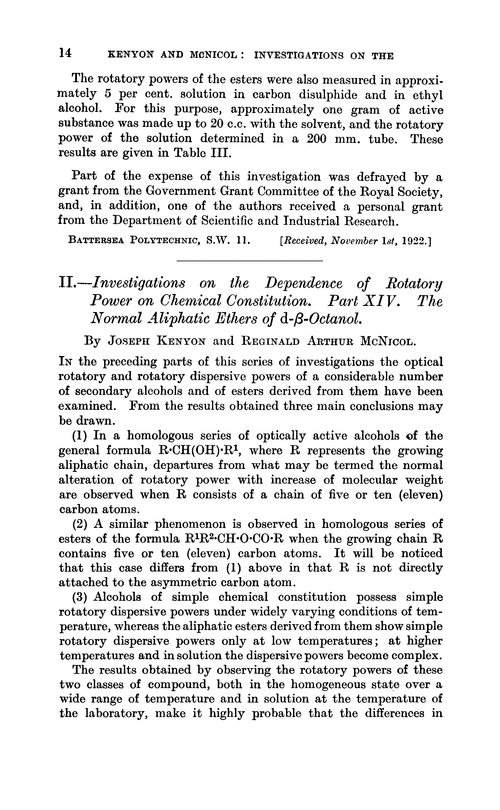 II.—Investigations on the dependence of rotatory power on chemical constitution. Part XIV. The normal aliphatic ethers of d-β-octanol