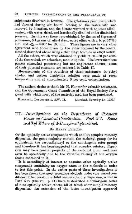 III.—Investigations on the dependence of rotatory power on chemical constitution. Part XV. Some n-alkyl ethers of d-benzylmethylcarbinol