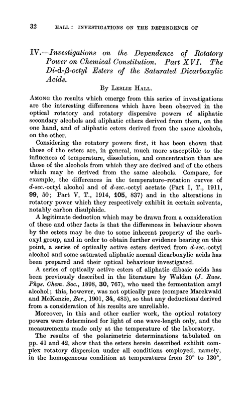 IV.—Investigations on the dependence of rotatory power on chemical constitution. Part XVI. The di-d-β-octyl esters of the saturated dicarboxylic acids