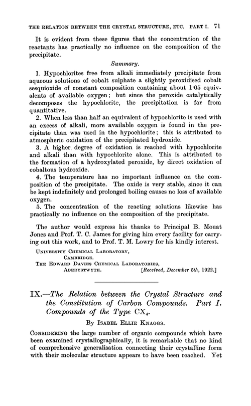 IX.—The relation between the crystal structure and the constitution of carbon compounds. Part I. Compounds of the type CX4