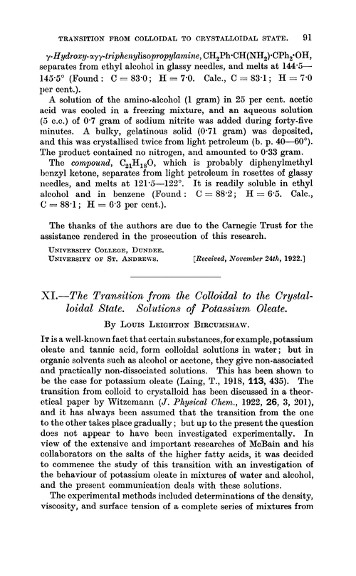 XI.—The transition from the colloidal to the crystalloidal state. Solutions of potassium oleate