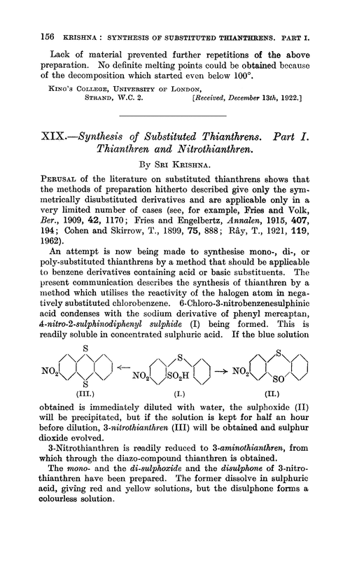 XIX.—Synthesis of substituted thianthrens. Part I. Thianthren and nitrothianthren