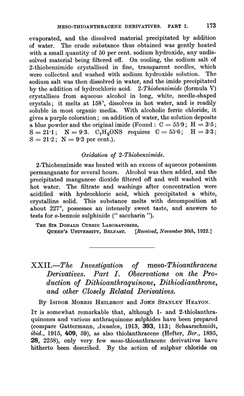 XXII.—The investigation of meso-thioanthracene derivatives. Part I. Observations on the production of dithioanthraquinone, dithiodianthrone, and other closely related derivatives