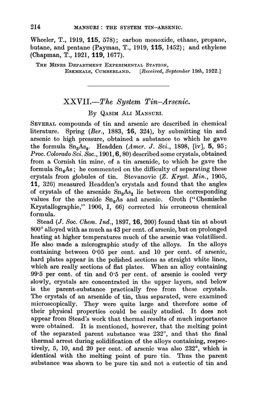 XXVII.—The system tin–arsenic