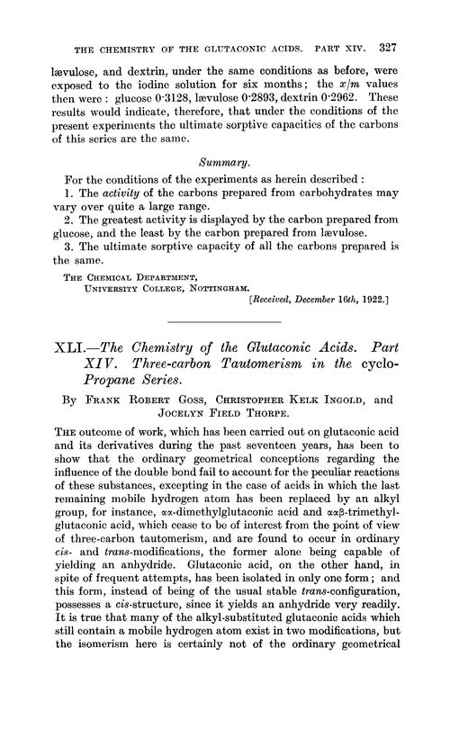 XLI.—The chemistry of the glutaconic acids. Part XIV. Three-carbon tautomerism in the cyclopropane series