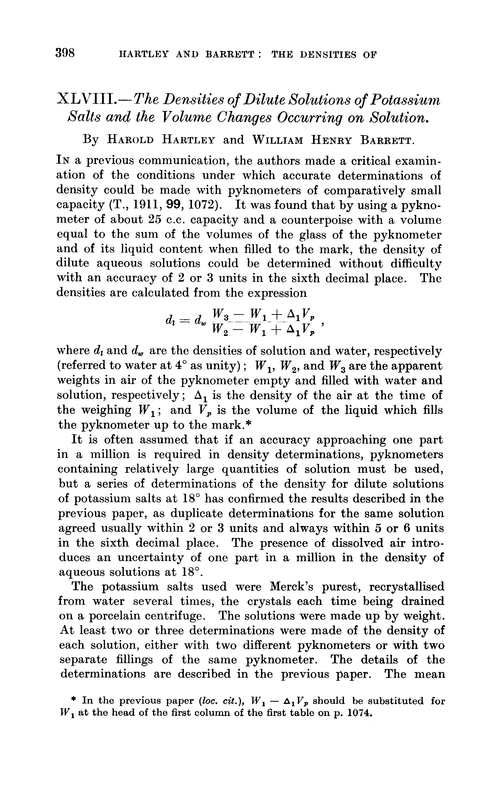 XLVIII.—The densities of dilute solutions of potassium salts and the volume changes occurring on solution