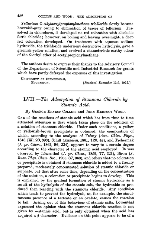 LVII.—The adsorption of stannous chloride by stannic acid