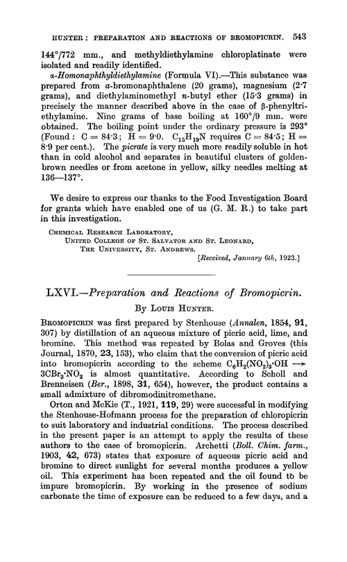 LXVI.—Preparation and reactions of bromopicrin