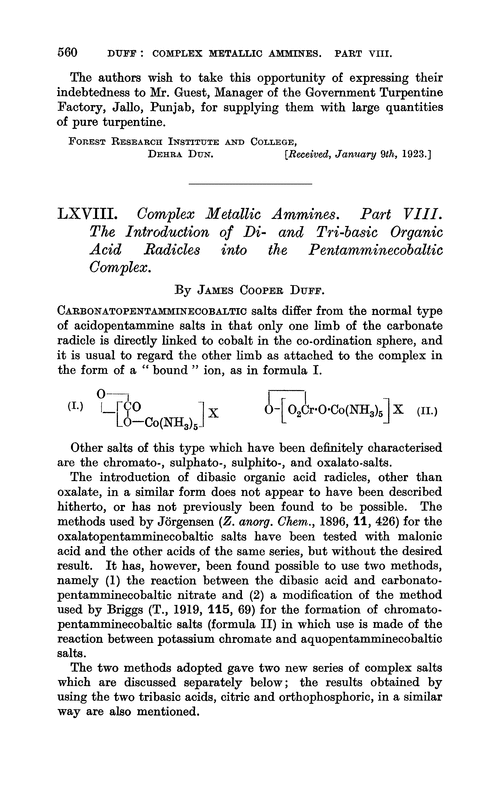 LXVIII. Complex metallic ammines. Part VIII. The introduction of di- and tri-basic organic acid radicles into the pentamminecobaltic complex