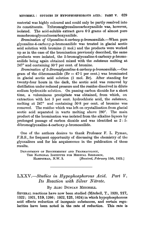 LXXV.—Studies in hypophosphorous acid. Part V. Its reaction with silver nitrate