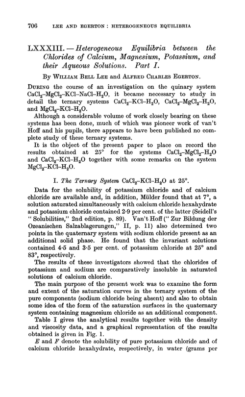 LXXXIII.—Heterogeneous equilibria between the chlorides of calcium, magnesium, potassium, and their aqueous solutions. Part I