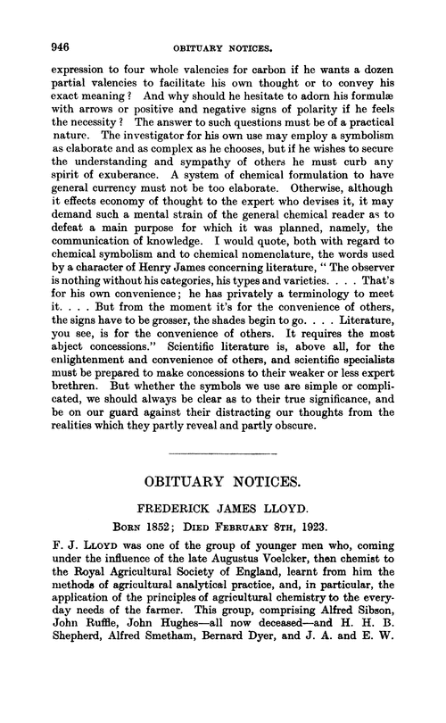 Obituary notices: Frederick James Lloyd, 1852–1922; Georg Lunge, 1839–1923; Alexander Smith, 1865–1922; Jokichi Takamine, 1855–1922; Leo Alexandrovitsch Tschugaev, 1873–1922; Frank Edwin Weston, 1867–1923