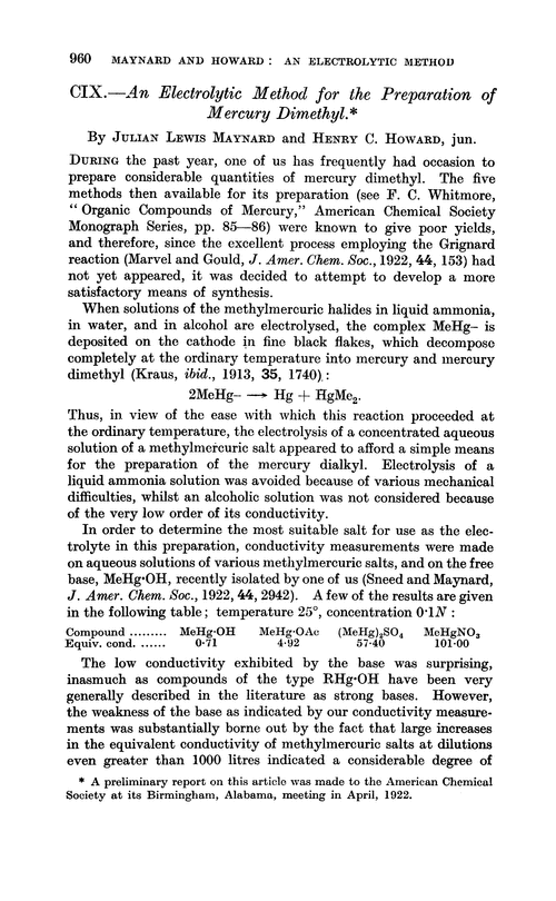 CIX.—An electrolytic method for the preparation of mercury dimethyl