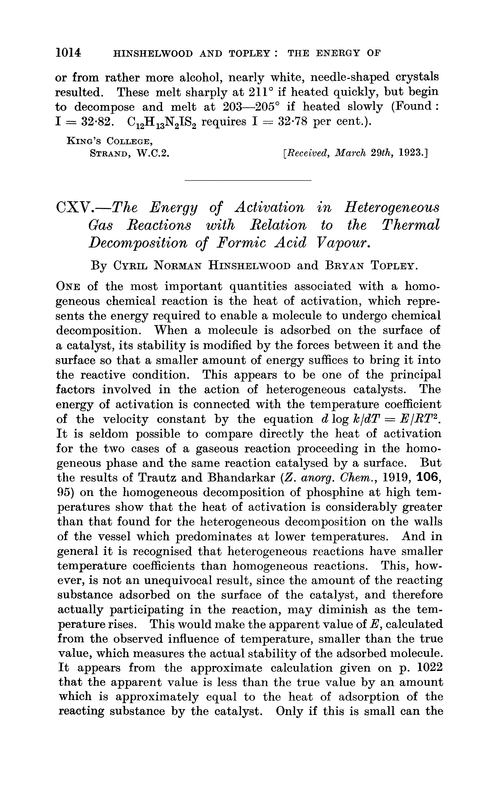 CXV.—The energy of activation in heterogeneous gas reactions with relation to the thermal decomposition of formic acid vapour