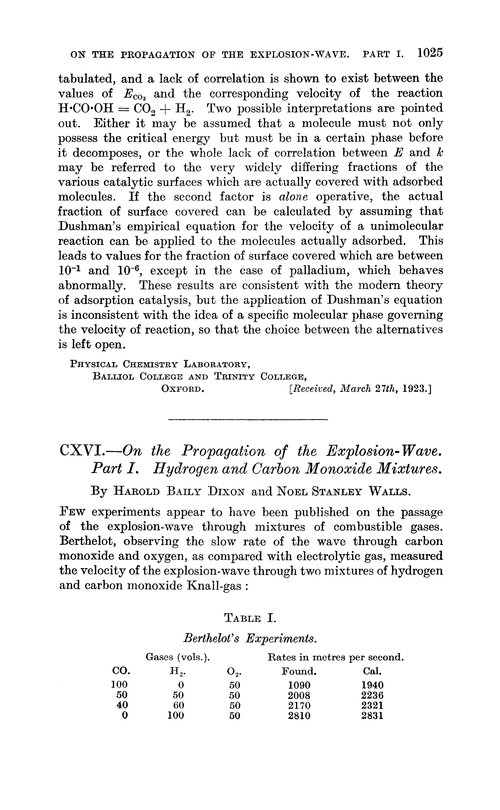 CXVI.—On the propagation of the explosion-wave. Part I. Hydrogen and carbon monoxide mixtures