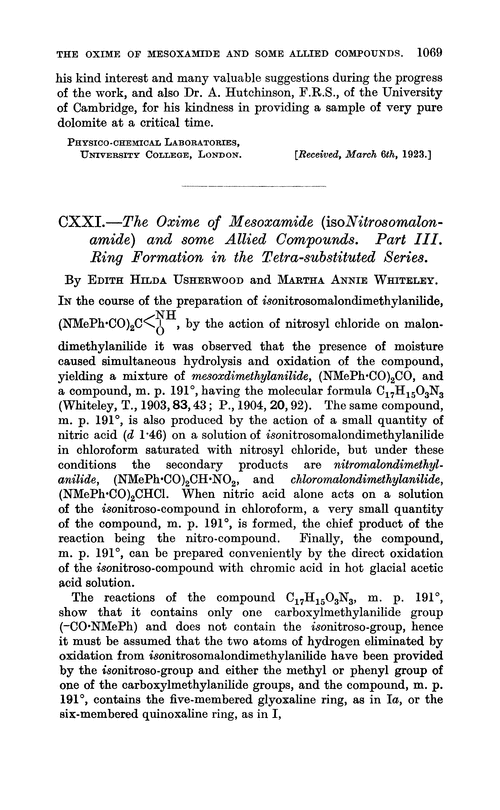 CXXI.—The oxime of mesoxamide (isonitrosomalonamide) and some allied compounds. Part III. Ring formation in the tetra-substituted series