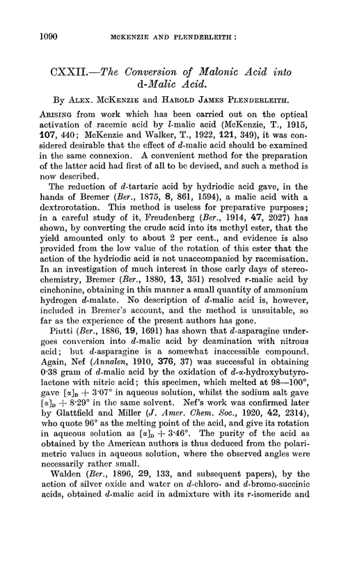 CXXII.—The conversion of malonic acid into d-malic acid