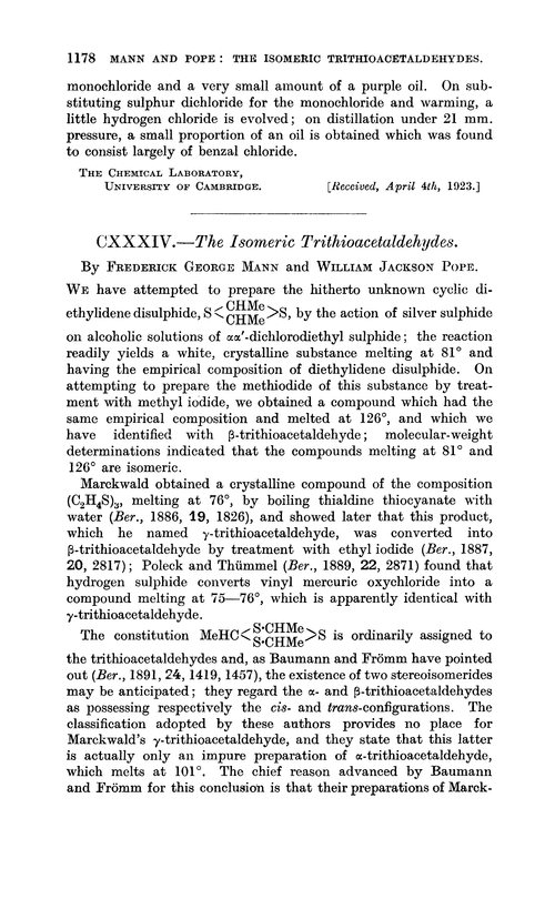 CXXXIV.—The isomeric trithioacetaldehydes
