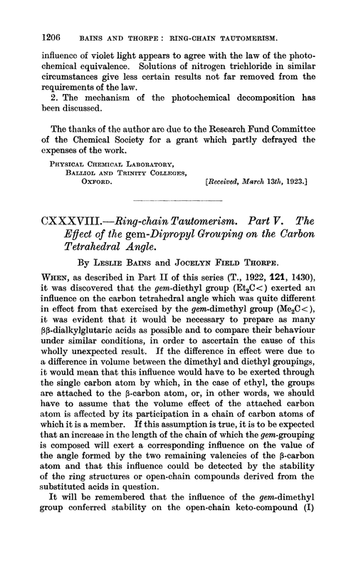 CXXXVIII.—Ring-chain tautomerism. Part V. The effect of the gem-dipropyl grouping on the carbon tetrahedral angle