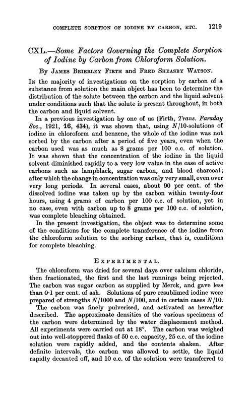 CXL.—Some factors governing the complete sorption of iodine by carbon from chloroform solution