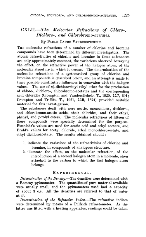 CXLII.—The molecular refractions of chloro-, dichloro-, and chlorobromo-acetates