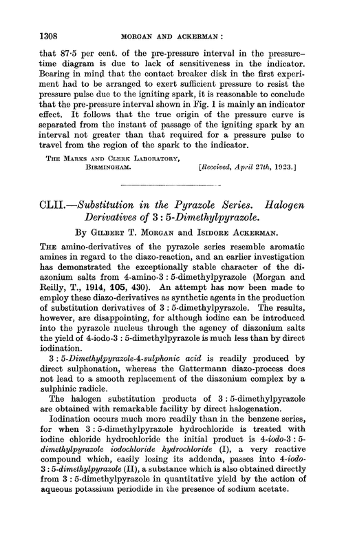 CLII.—Substitution in the pyrazole series. Halogen derivatives of 3 : 5-dimethylpyrazole
