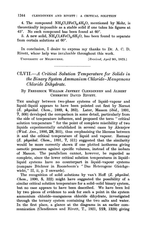 CLVII.—A critical solution temperature for solids in the binary system ammonium chloride–manganous chloride dihydrate