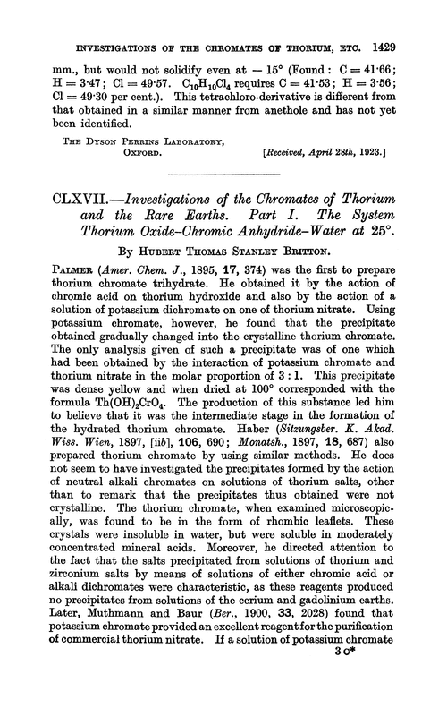 CLXVII.—Investigations of the chromates of thorium and the rare earths. Part I. The system thorium oxide–chromic anhydride–water at 25°