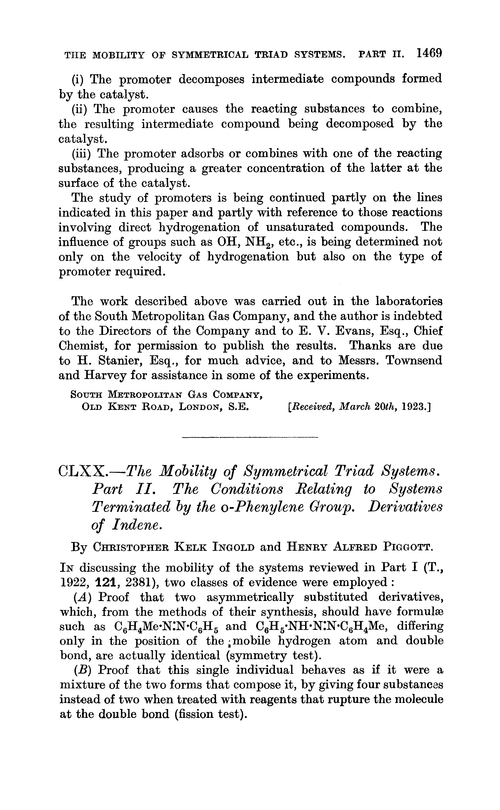 CLXX.—The mobility of symmetrical triad systems. Part II. The conditions relating to systems terminated by the o-phenylene group. Derivatives of indene