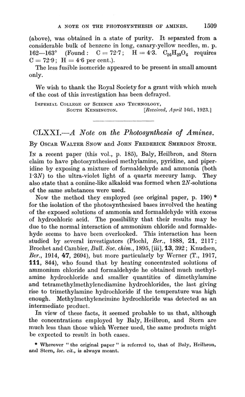 CLXXI.—A note on the photosynthesis of amines