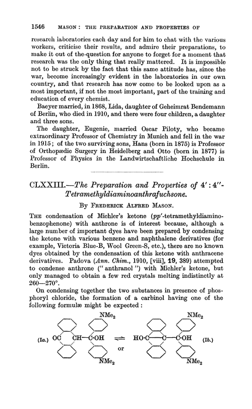 CLXXIII.—The preparation and properties of 4′ : 4″-tetramethyldiaminoanthrafuchsone