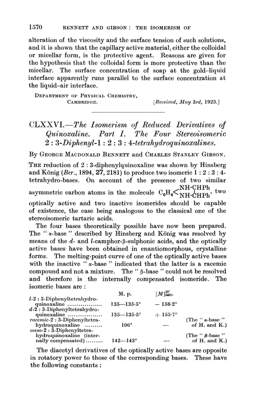 CLXXVI.—The isomerism of reduced derivatives of quinoxaline. Part I. The four stereoisomeric 2 : 3-diphenyl-1 : 2 : 3 : 4-tetrahydroquinoxalines