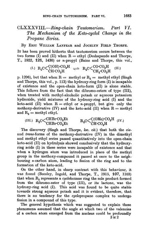 CLXXXVIII.—Ring-chain tautomerism. Part VI. The mechanism of the keto-cyclol change in the propane series