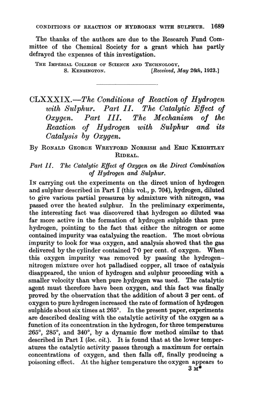CLXXXIX.—The conditions of reaction of hydrogen with sulphur. Part II. The catalytic effect of oxygen. Part III. The mechanism of the reaction of hydrogen with sulphur and its catalysis by oxygen