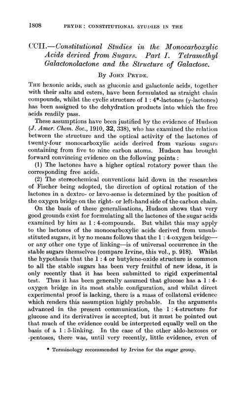 CCII.—Constitutional studies in the monocarboxylic acids derived from sugars. Part I. Tetramethyl galactonolactone and the structure of galactose