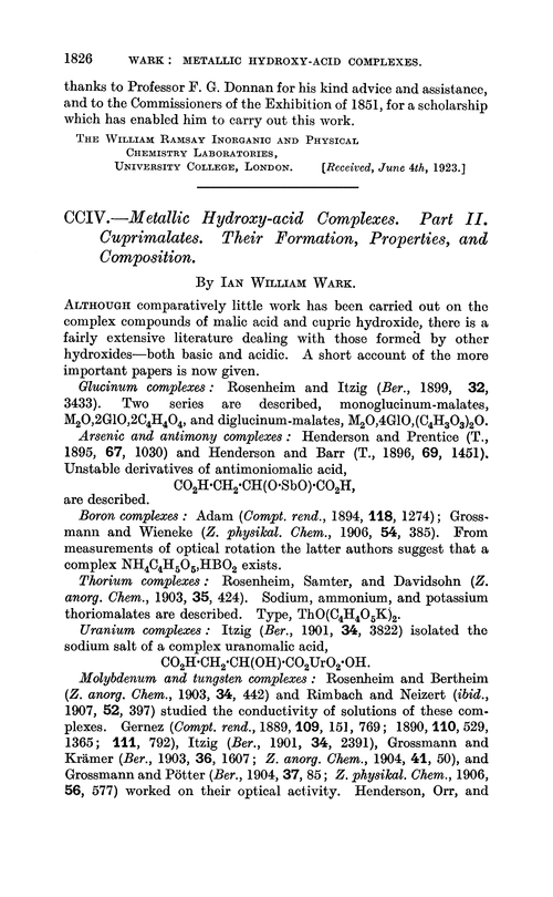 CCIV.—Metallic hydroxy-acid complexes. Part II. Cuprimalates. Their formation, properties, and composition