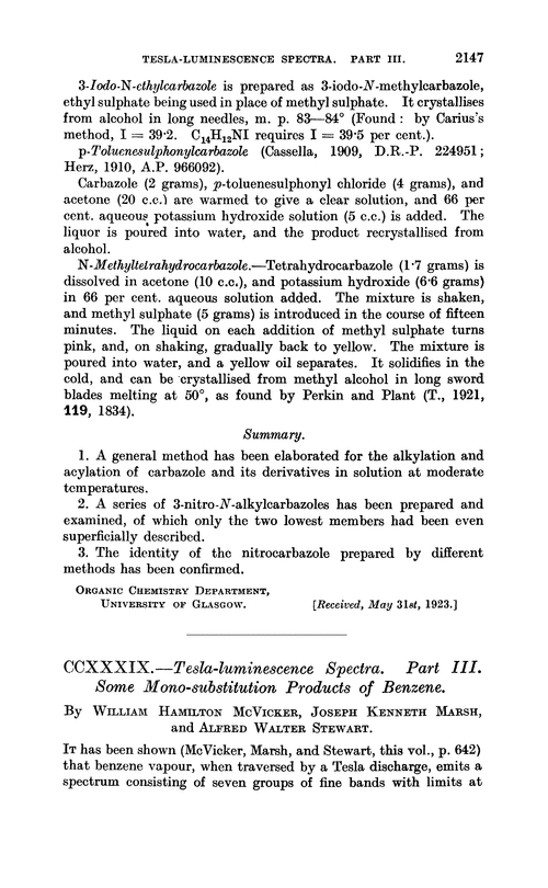 CCXXXIX.—Tesla-luminescence spectra. Part III. Some mono-substitution products of benzene