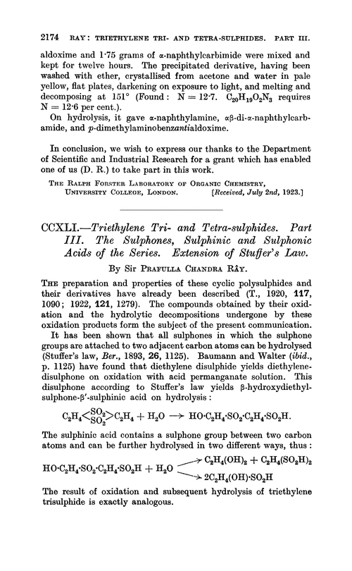 CCXLI.—Triethylene tri- and tetra-sulphides. Part III. The sulphones, sulphinic and sulphonic acids of the series. Extension of Stuffer's law