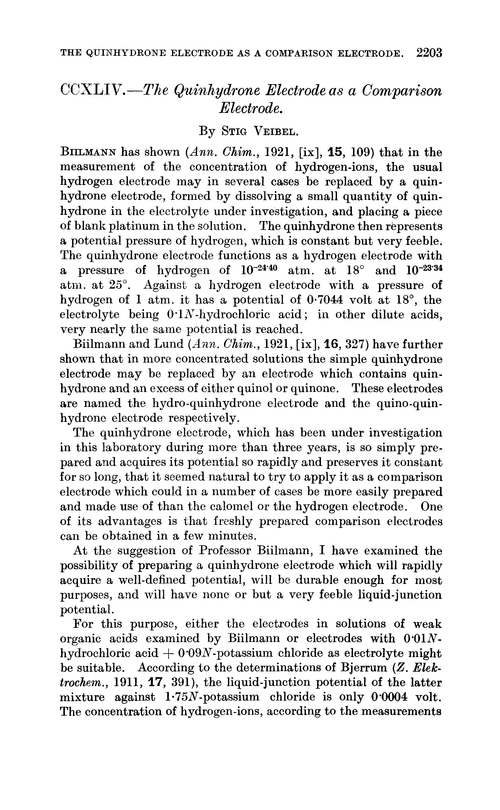 CCXLIV.—The quinhydrone electrode as a comparison electrode
