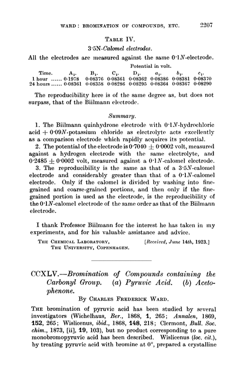 CCXLV.—Bromination of compounds containing the carbonyl group. (a) Pyruvic acid. (b) Acetophenone
