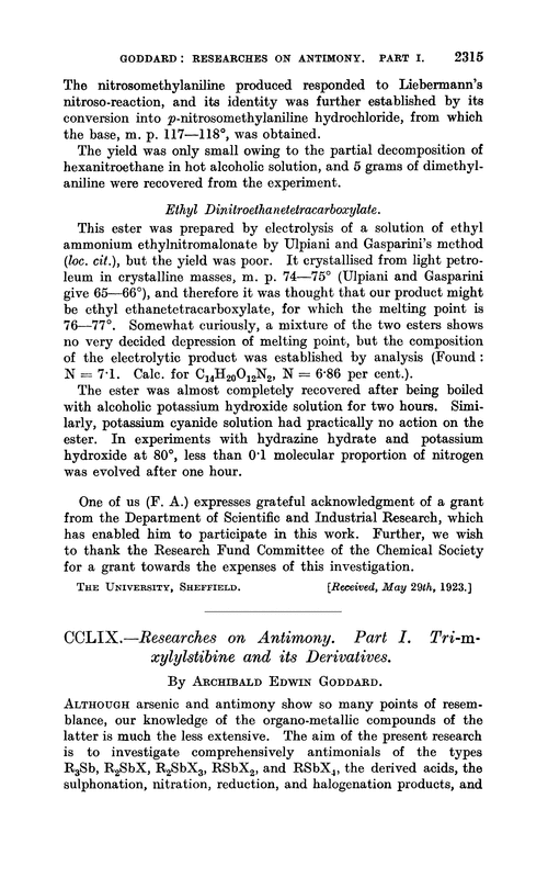CCLIX.—Researches on antimony. Part I. Tri-m-xylylstibine and its derivatives