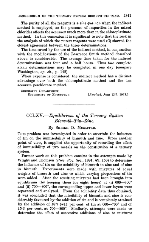 CCLXV.—Equilibrium of the ternary system bismuth–tin–zinc