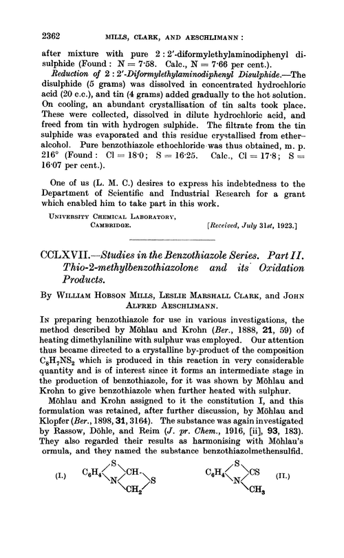 CCLXVII.—Studies in the benzothiazole series. Part II. Thio-2-methylbenzothiazolone and its oxidation products