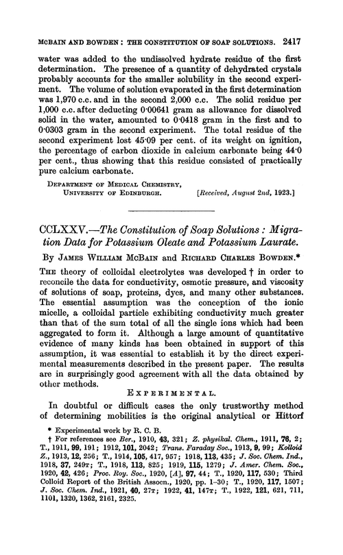 CCLXXV.—The constitution of soap solutions: migration data for potassium oleate and potassium laurate