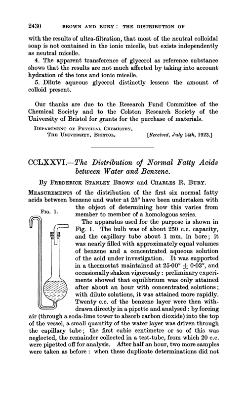 CCLXXVI.—The distribution of normal fatty acids between water and benzene