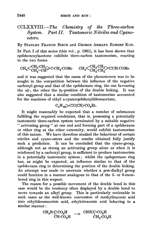 CCLXXVIII.—The chemistry of the three-carbon system. Part II. Tautomeric nitriles and cyanoesters