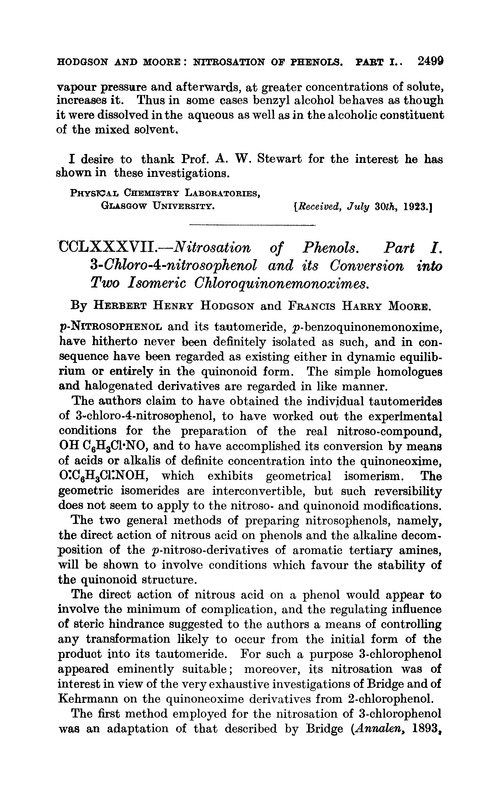 CCLXXXVII.—Nitrosation of phenols. Part I. 3-Chloro-4-nitrosophenol and its conversion into two isomeric chloroquinonemonoximes