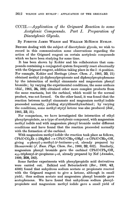 CCCII.—Application of the Grignard reaction to some acetylenic compounds. Part I. Preparation of diacetylenic glycols