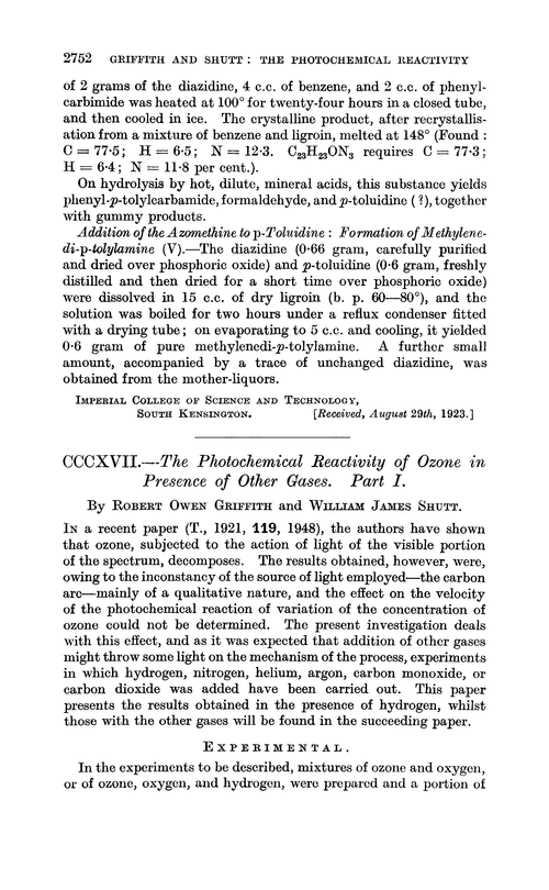 CCCXVII.—The photochemical reactivity of ozone in presence of other gases. Part I